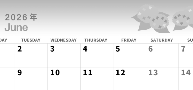 2026年6月横型モノクロの月曜始まり 紫陽花イラストのかわいいA4無料白黒カレンダー(2026-00300601)