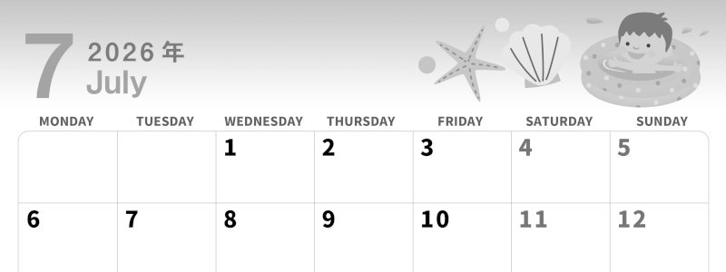 2026年7月横型モノクロの月曜始まり 海のイラストのかわいいA4無料白黒カレンダー(2026-00300701)