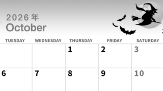 2026年10月横型モノクロの月曜始まり お城のイラストがかわいいA4無料白黒カレンダー(2026-00301001)