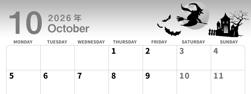 2026年10月横型モノクロの月曜始まり お城のイラストがかわいいA4無料白黒カレンダー(2026-00301001)