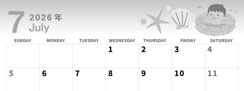 2026年7月横型モノクロの日曜始まり 海のイラストのかわいいA4無料白黒カレンダー(2026-00300700)