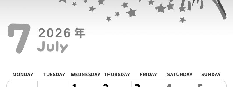 2026年7月縦型モノクロの月曜始まり 短冊イラストのかわいいA4無料白黒カレンダー(2026-00310711)