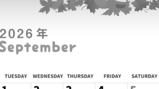 2026年9月縦型モノクロの月曜始まり 子狐イラストのかわいいA4無料白黒カレンダー(2026-00310911)
