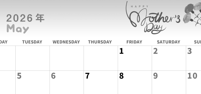 2026年5月横型モノクロの月曜始まり 母の日イラストのかわいいA4無料白黒カレンダー(2026-00310501)