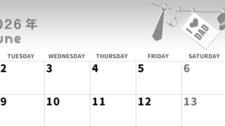 2026年6月横型モノクロの月曜始まり 父の日イラストのかわいいA4無料白黒カレンダー(2026-00310601)