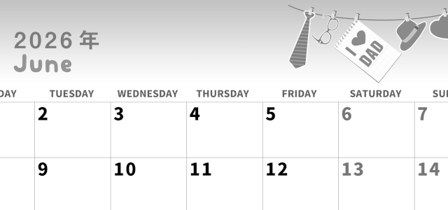 2026年6月横型モノクロの月曜始まり 父の日イラストのかわいいA4無料白黒カレンダー(2026-00310601)
