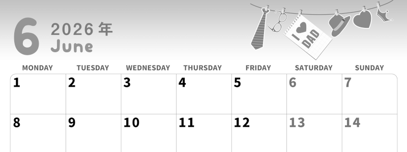 2026年6月横型モノクロの月曜始まり 父の日イラストのかわいいA4無料白黒カレンダー(2026-00310601)