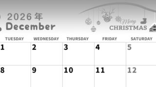 2026年12月横型モノクロの月曜始まり オーナメントがかわいいイラスト白黒カレンダー(2026-00311201)