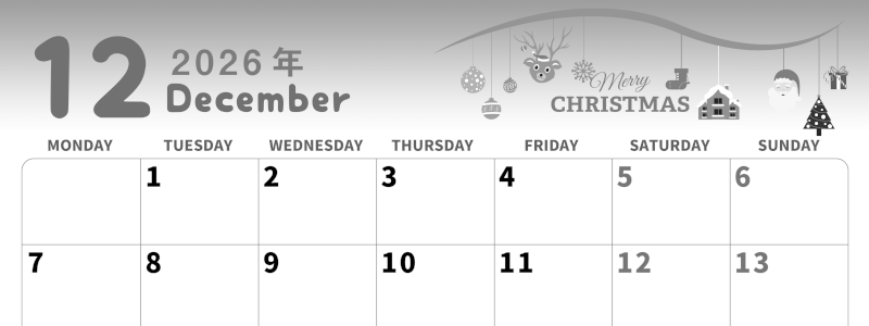 2026年12月横型モノクロの月曜始まり オーナメントがかわいいイラスト白黒カレンダー(2026-00311201)