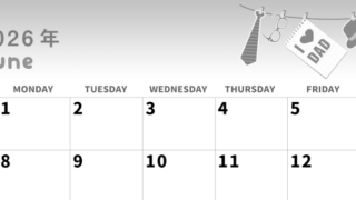 2026年6月横型モノクロの日曜始まり 父の日イラストのかわいいA4無料白黒カレンダー(2026-00310600)