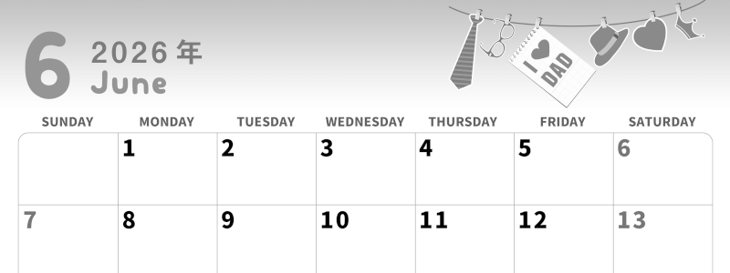 2026年6月横型モノクロの日曜始まり 父の日イラストのかわいいA4無料白黒カレンダー(2026-00310600)