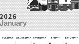 2026年1月縦型モノクロの月曜始まり 雪とドットのイラストおしゃれA4無料白黒カレンダー(2026-00320111)