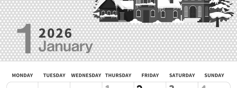 2026年1月縦型モノクロの月曜始まり 雪とドットのイラストおしゃれA4無料白黒カレンダー(2026-00320111)