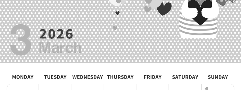 2026年3月縦型モノクロの月曜始まり 白熊イラストのおしゃれA4無料白黒カレンダー(2026-00320311)