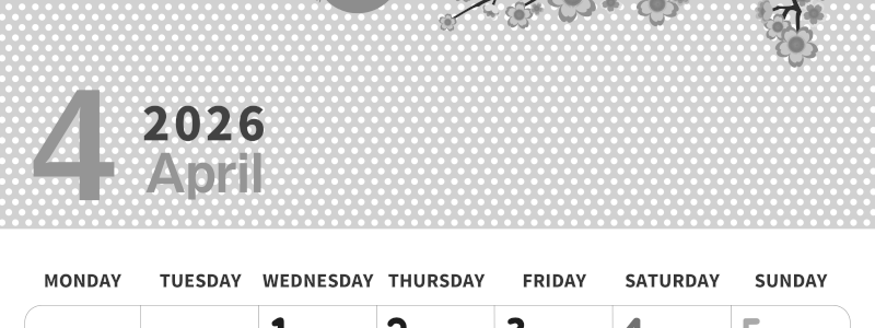 2026年4月縦型モノクロの月曜始まり ウグイスイラストのおしゃれA4無料白黒カレンダー(2026-00320411)