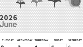 2026年6月縦型モノクロの月曜始まり かたつむりイラストのおしゃれA4無料白黒カレンダー(2026-00320611)