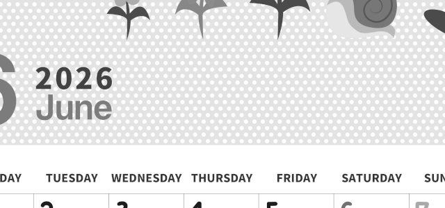 2026年6月縦型モノクロの月曜始まり かたつむりイラストのおしゃれA4無料白黒カレンダー(2026-00320611)