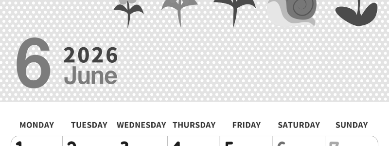 2026年6月縦型モノクロの月曜始まり かたつむりイラストのおしゃれA4無料白黒カレンダー(2026-00320611)