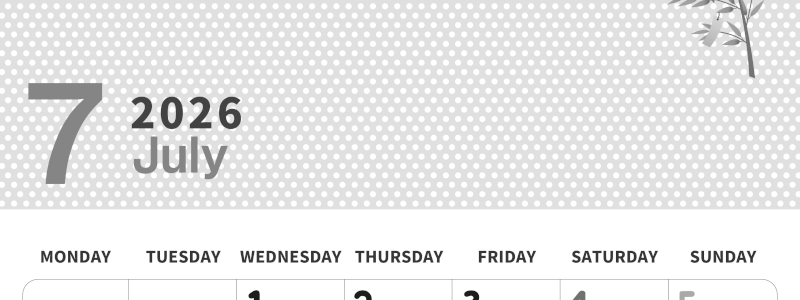 2026年7月縦型モノクロの月曜始まり 輪飾りイラストのおしゃれA4無料白黒カレンダー(2026-00320711)