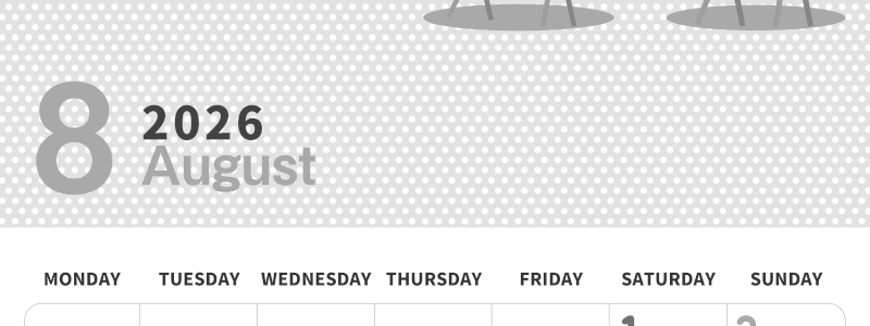 2026年8月縦型モノクロの月曜始まり 野菜イラストのおしゃれA4無料白黒カレンダー(2026-00320811)