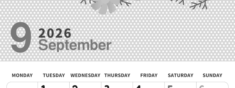 2026年9月縦型モノクロの月曜始まり コスモスがおしゃれなイラスト白黒カレンダー(2026-00320911)