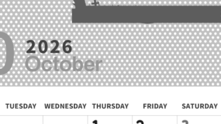 2026年10月縦型モノクロの月曜始まり ハロウィンイラストのおしゃれA4無料白黒カレンダー(2026-00321011)