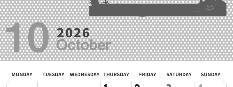 2026年10月縦型モノクロの月曜始まり ハロウィンイラストのおしゃれA4無料白黒カレンダー(2026-00321011)