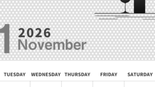2026年11月縦型モノクロの月曜始まり ワインがおしゃれなイラスト白黒カレンダー(2026-00321111)