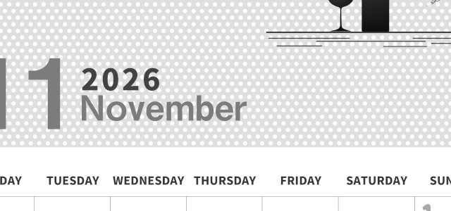 2026年11月縦型モノクロの月曜始まり ワインがおしゃれなイラスト白黒カレンダー(2026-00321111)
