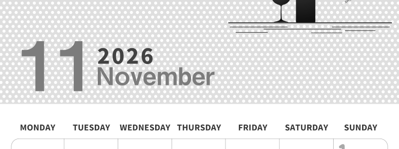 2026年11月縦型モノクロの月曜始まり ワインがおしゃれなイラスト白黒カレンダー(2026-00321111)