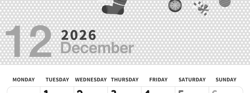 2026年12月縦型モノクロの月曜始まり クリスマスイラストのおしゃれA4無料白黒カレンダー(2026-00321211)