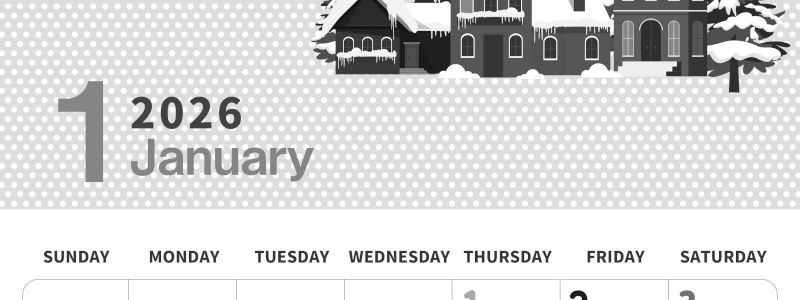 2026年1月縦型モノクロの日曜始まり 北欧調雪イラストおしゃれA4無料白黒カレンダー(2026-00320110)