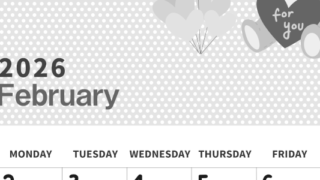 2026年2月縦型モノクロの日曜始まり テディベアがおしゃれイラスト白黒カレンダー(2026-00320210)