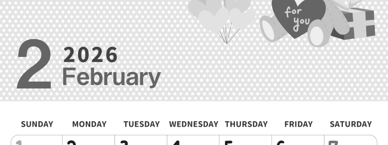 2026年2月縦型モノクロの日曜始まり テディベアがおしゃれイラスト白黒カレンダー(2026-00320210)