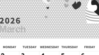 2026年3月縦型モノクロの日曜始まり 白熊イラストのおしゃれA4無料白黒カレンダー(2026-00320310)