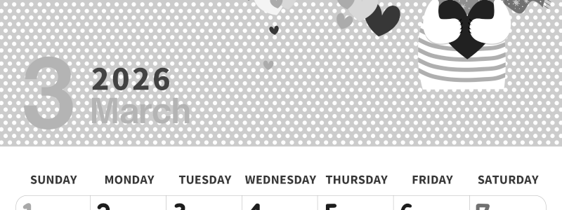 2026年3月縦型モノクロの日曜始まり 白熊イラストのおしゃれA4無料白黒カレンダー(2026-00320310)