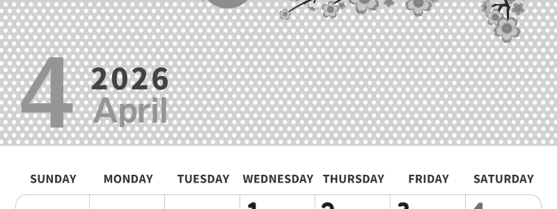 2026年4月縦型モノクロの日曜始まり ウグイスイラストのおしゃれA4無料白黒カレンダー(2026-00320410)