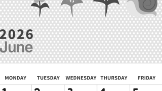 2026年6月縦型モノクロの日曜始まり かたつむりイラストのおしゃれA4無料白黒カレンダー(2026-00320610)