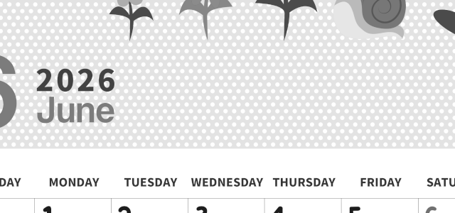 2026年6月縦型モノクロの日曜始まり かたつむりイラストのおしゃれA4無料白黒カレンダー(2026-00320610)