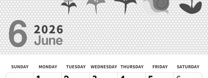 2026年6月縦型モノクロの日曜始まり かたつむりイラストのおしゃれA4無料白黒カレンダー(2026-00320610)