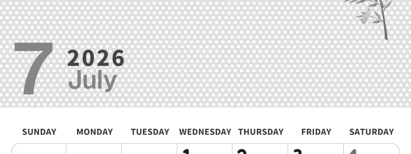 2026年7月縦型モノクロの日曜始まり 輪飾りイラストのおしゃれA4無料白黒カレンダー(2026-00320710)