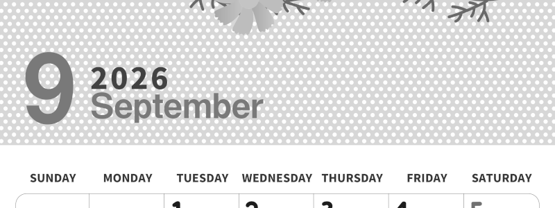 2026年9月縦型モノクロの日曜始まり コスモスがおしゃれなイラスト白黒カレンダー(2026-00320910)