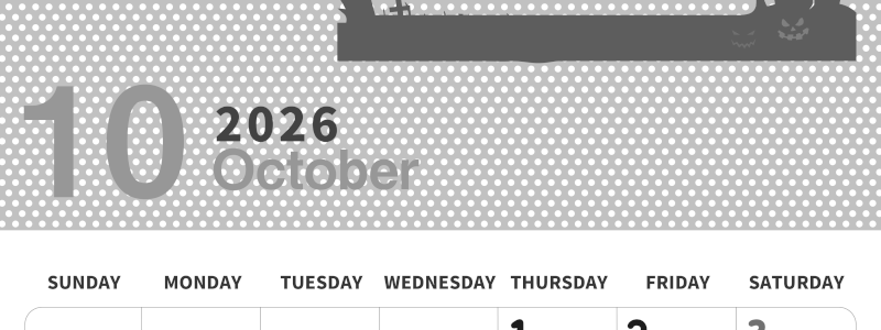 2026年10月縦型モノクロの日曜始まり ハロウィンイラストのおしゃれA4無料白黒カレンダー(2026-00321010)