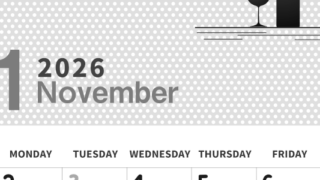 2026年11月縦型モノクロの日曜始まり ワインがおしゃれなイラスト白黒カレンダー(2026-00321110)