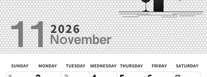 2026年11月縦型モノクロの日曜始まり ワインがおしゃれなイラスト白黒カレンダー(2026-00321110)
