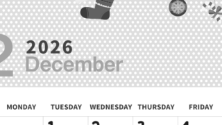 2026年12月縦型モノクロの日曜始まり クリスマスイラストのおしゃれA4無料白黒カレンダー(2026-00321210)