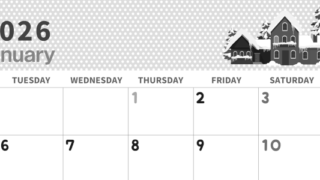 2026年1月横型モノクロの月曜始まり 北欧っぽい雪イラストおしゃれA4無料白黒カレンダー(2026-00320101)