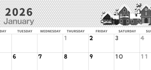 2026年1月横型モノクロの月曜始まり 北欧っぽい雪イラストおしゃれA4無料白黒カレンダー(2026-00320101)