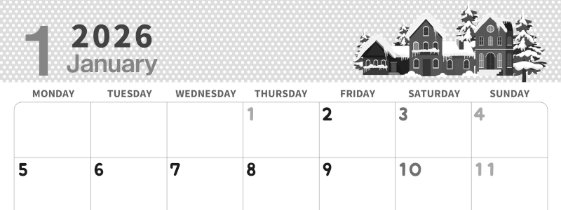 2026年1月横型モノクロの月曜始まり 北欧っぽい雪イラストおしゃれA4無料白黒カレンダー(2026-00320101)