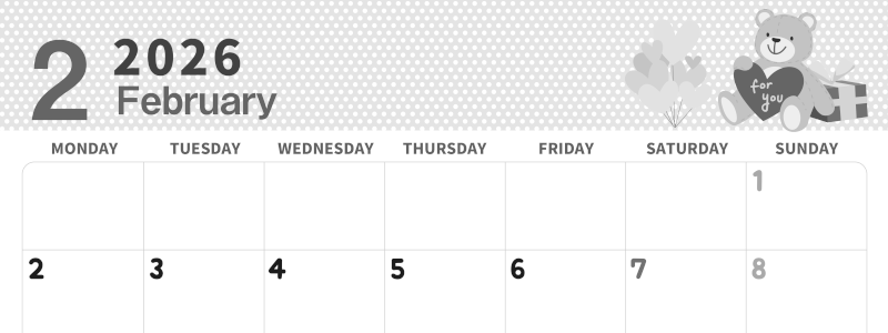 2026年2月横型モノクロの月曜始まり テディベアがおしゃれイラスト白黒カレンダー(2026-00320201)